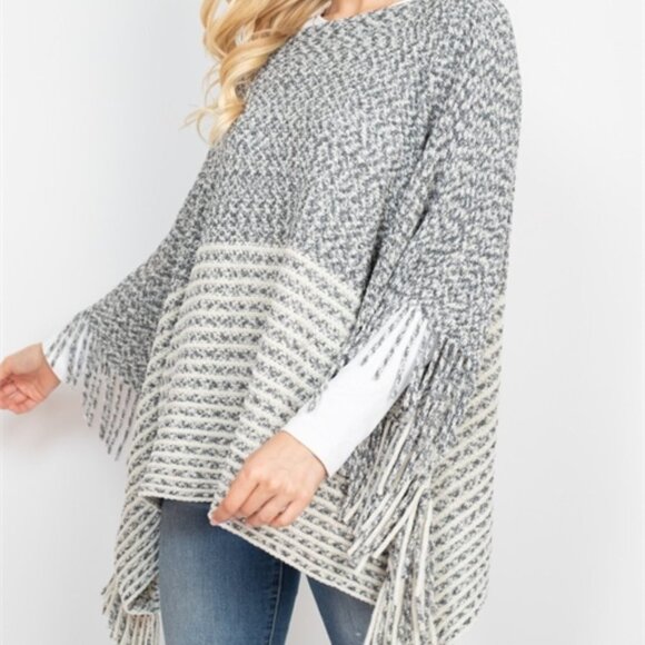 Contemporary Fringe Detailed Poncho Sweater top - Picture 1 of 6